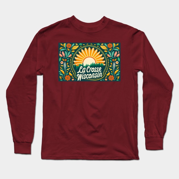 La Crosse Wisconsin Brushwork Rosemaling Style Art Long Sleeve T-Shirt by BlueLine Design